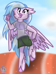 Size: 827x1086 | Tagged: safe, artist:rainbow eevee, silverstream, anthro, hippogriff, unguligrade anthro, clothes, cloud, cute, diastreamies, gym uniform, happy, looking at you, peace, running, shadow, sky, solo, track