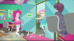 Size: 720x405 | Tagged: safe, screencap, angel bunny, fluttershy, ginger owlseye, pinkie pie, track starr, rabbit, raccoon, squirrel, better together, choose your own ending, equestria girls, tip toppings, tip toppings: fluttershy, animal, background human, chair, clothes, female, frozen yogurt shop, geode of fauna, geode of sugar bombs, glass door, magical geodes, male, sign, table, this will end in chaos, this will not end well