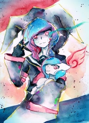 Size: 1600x2193 | Tagged: safe, artist:mashiromiku, oc, oc:mimi, human, pony, holding a pony, human ponidox, humanized, self ponidox, traditional art, watercolor painting