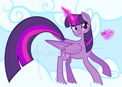 Size: 1192x849 | Tagged: safe, artist:foxpocx, twilight sparkle, twilight sparkle (alicorn), alicorn, pony, big tail, cloud, cup, female, glowing horn, horn, magic, mare, obtrusive watermark, solo, teacup, telekinesis, watermark