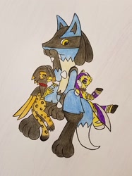 Size: 2039x2719 | Tagged: safe, artist:dice-warwick, oc, oc only, oc:glock, oc:lucien, oc:sizzle cymbal, cyborg, griffon, collar, dog collar, ear piercing, lucario, mirage pony, piercing, pokémon, stripes, traditional art