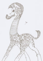 Size: 684x976 | Tagged: safe, artist:ravenpuff, oc, oc only, giraffe, grayscale, monochrome, neck rings, solo, tongue out, traditional art