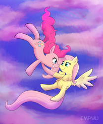 Size: 1000x1200 | Tagged: safe, artist:empyu, fluttershy, pinkie pie, earth pony, pegasus, pony, falling, female, flutterpie, lesbian, shipping