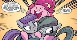 Size: 614x322 | Tagged: safe, artist:kate sherron, idw, marble pie, maud pie, pinkie pie, earth pony, pony, spoiler:comic, spoiler:comic86, cropped, dialogue, exclamation point, female, floppy ears, gritted teeth, happy, mare, open mouth, pie sisters, question mark, siblings, sisters, speech bubble, teeth, trio