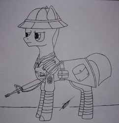 Size: 2862x2951 | Tagged: safe, artist:darthalex70, oc, oc:sergeantstone, earth pony, pony, fallout equestria, clothes, gun, ink drawing, ncr, solo, traditional art, uniform, weapon