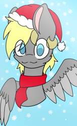 Size: 183x300 | Tagged: safe, artist:crazysketch101, oc, oc only, oc:snuggle, pegasus, christmas, clothes, hat, holiday, santa hat, scarf, snow, snowfall, solo