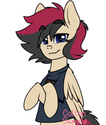 Size: 1100x1300 | Tagged: safe, artist:cottonsweets, oc, oc only, oc:porsche speedwings, pegasus, pony, bipedal, blue eyes, clothes, colored, crossed hooves, eyebrows visible through hair, fear inoculum, flat colors, half body, lidded eyes, looking at you, male, pegasus oc, shirt, signature, simple background, smiling, solo, stallion, t shirt design, t-shirt, tan coat, tool (band), transparent background, waist up, watermark