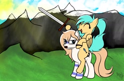 Size: 1650x1080 | Tagged: safe, artist:arrgus-korr, oc, oc:aqua sunshine, oc:star north, earth pony, pegasus, pony, base used, disgusted, full body, mountain, oc x oc, piercing, ponies riding ponies, riding, shipping, smiling, sword, tattoo, weapon