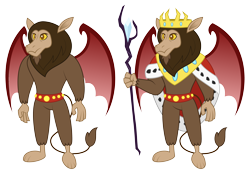 Size: 3776x2633 | Tagged: safe, artist:aleximusprime, king scorpan, scorpan, gargoyle, flurry heart's story, bat wings, belt, clothes, crown, headcanon, jewelry, king, older, older scorpan, regalia, royal cloak, simple background, solo, staff, staff of sacanas, transparent background, unclothed, wings