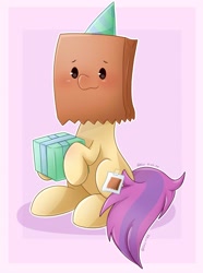 Size: 1280x1716 | Tagged: safe, artist:goyini-fernablacky, oc, oc only, oc:paper bag, pony, fake cutie mark, female, hat, party hat, present, sitting