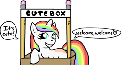 Size: 1463x790 | Tagged: safe, artist:poniidesu, oc, oc only, oc:paint drops, pony, unicorn, /mlp/, box, cute, drawthread, female, filly, heart eyes, mare, multicolored hair, ocbetes, pencil, ponified, pony in a box, rainbow hair, simple background, text, tiny, tiny ponies, transparent background, wingding eyes