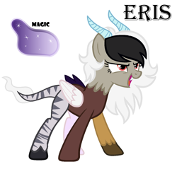 Size: 1396x1336 | Tagged: safe, artist:soarindash10, oc, oc only, oc:eris, hybrid, pony, base used, fangs, hoof fluff, horns, interspecies offspring, magic, magic aura, next generation, offspring, parent:discord, parent:princess celestia, parents:dislestia, simple background, solo, xk-class end-of-the-world scenario, zebra stripes