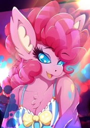 Size: 1358x1920 | Tagged: safe, artist:rariedash, pinkie pie, anthro, earth pony, alternative cutie mark placement, breasts, chest fluff, cleavage, cleavage fluff, clothes, cutie mark on shoulder, ear fluff, eyes closed, female, looking at you, mare, open mouth, shoulder cutie mark, smiling, solo