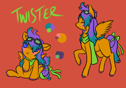 Size: 1000x700 | Tagged: safe, artist:lavvythejackalope, oc, oc only, oc:twister, pegasus, pony, :o, baby, baby pony, blush sticker, blushing, bow, clothes, colored hooves, duo, eyes closed, goggles, open mouth, pegasus oc, raised hoof, reference sheet, scarf, simple background, sitting, tail bow, text, underhoof, wide eyes, wings