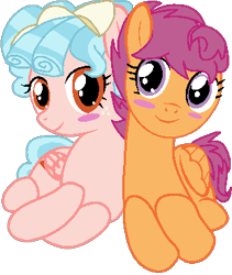 Size: 311x368 | Tagged: safe, artist:drugzrbad, artist:rainbineeoi, cozy glow, scootaloo, pegasus, pony, base used, blushing, cozybetes, cozyloo, cute, female, lesbian, looking at you, lying down, shipping, wings