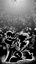 Size: 1080x1920 | Tagged: safe, artist:binkyt11, derpibooru exclusive, oc, oc only, oc:vantablack, female, fragments, gradient background, mare, monochrome, solo