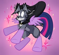 Size: 900x847 | Tagged: safe, artist:virmir, twilight sparkle, twilight sparkle (alicorn), oc, alicorn, fox, pony, abstract background, cape, cartoon, cartoon physics, clothes, gradient background, male to female, rule 63, sparkles, transformation, transgender transformation