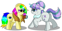 Size: 1280x640 | Tagged: safe, artist:rainbowtashie, cloudy quartz, twilight velvet, oc, oc:glossy granite, oc:rainbow tashie, earth pony, pony, unicorn, clothes, collar, commissioner:bigonionbean, cup, cutie mark, fusion, fusion:glossy granite, glasses, hair bun, hat, nintendo 64, simple background, towel, transparent background, writer:bigonionbean