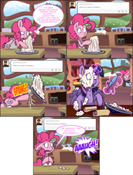 Size: 1602x2106 | Tagged: safe, artist:pippy, pinkie pie, twilight sparkle, twilight sparkle (alicorn), alicorn, pony, apron, close encounters of the third kind, clothes, food, magic, mashed potatoes, pinkiepieskitchen, potato, quill, scroll