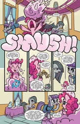 Size: 993x1528 | Tagged: safe, artist:kate sherron, idw, cranky doodle donkey, marble pie, matilda, maud pie, pinkie pie, earth pony, pony, spoiler:comic, spoiler:comic86, clothes, female, mare, preview, raised hoof, when she speaks