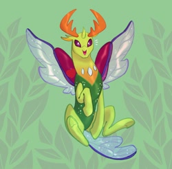 Size: 1200x1182 | Tagged: safe, artist:angelcakek, thorax, changedling, changeling, cute, green background, king thorax, male, open mouth, quadrupedal, simple background, solo, spread wings, thorabetes, wings