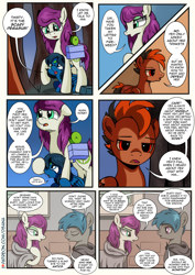 Size: 2480x3508 | Tagged: safe, artist:dsana, oc, oc:fireweed, oc:lullaby dusk, oc:rust wing, oc:thistledown, earth pony, pegasus, pony, comic:a storm's lullaby, colt, comic, female, filly, forest, male, mare, talking