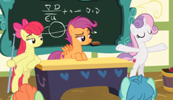 Size: 857x496 | Tagged: safe, screencap, apple bloom, scootaloo, sweetie belle, teal shores, earth pony, pegasus, pony, unicorn, growing up is hard to do, bipedal, bipedal leaning, bow, chalkboard, cropped, cutie mark, cutie mark crusaders, desk, eyes closed, female, hair bow, leaning, mare, older, older apple bloom, older cmc, older scootaloo, older sweetie belle, ponyville schoolhouse, raised eyebrow, smiling, smirk, spread wings, the cmc's cutie marks, wings