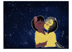 Size: 1280x915 | Tagged: safe, artist:miyathegoldenflower, daring do, oc, oc:phillip finder, fanfic:ponyville noire, blushing, canon x oc, chibi, commission, hug, kissing, missing accessory, phiring, shipping, stars, winghug