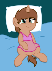 Size: 1836x2523 | Tagged: safe, artist:peternators, oc, oc only, oc:heroic armour, alternate hairstyle, bed, blanket, clothes, crossdressing, fake eyelashes, femboy, male, nightgown, pillow, smiling, solo, teenager