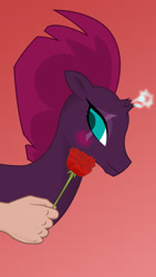 Size: 1273x2264 | Tagged: safe, artist:magicalicorn, tempest shadow, pony, unicorn, blushing, broken horn, bust, eye scar, female, fireworks, flower, hand, hearts and hooves day, horn, mare, offscreen character, rose, scar, sparking horn