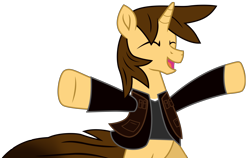 Size: 9768x6188 | Tagged: safe, artist:ejlightning007arts, oc, oc:ej, unicorn, arms in the air, celebration, clothes, eyes closed, male, open mouth, shirt, simple background, stallion, sweater, transparent background, vector, vest