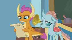 Size: 1366x768 | Tagged: safe, screencap, ocellus, smolder, 2 4 6 greaaat, bored, gramophone, numbers, reading, scroll, subtitles