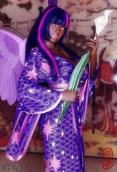 Size: 2600x3800 | Tagged: safe, artist:axel-doi, twilight sparkle, human, 3d, clothes, costume, dark skin, female, humanized, kimono (clothing), photo, photoshop, solo, winged humanization, wings