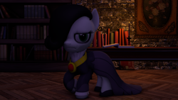 Size: 1280x720 | Tagged: safe, artist:tenebris, part of a set, oc, oc:emerald jewel, earth pony, pony, 3d, book, bookshelf, candle, clothes, colt, colt quest, diary, dress, emorald, eyeshadow, hair over one eye, jewelry, makeup, male, necklace, shoes, solo, source filmmaker, trap