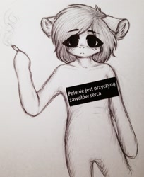 Size: 2205x2698 | Tagged: safe, artist:uglypartyhat, oc, oc only, oc:connor, earth pony, semi-anthro, bipedal, cigarette, photo, polish, sad, smoking, traditional art, translated in the description