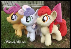 Size: 1830x1275 | Tagged: safe, artist:peruserofpieces, apple bloom, scootaloo, sweetie belle, earth pony, pony, unicorn, accessory, bow, cutie mark crusaders, female, filly, happy, irl, photo, plushie, ribbon, side by side, smiling, toy, trio