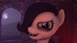 Size: 1280x720 | Tagged: safe, artist:tenebris, part of a set, oc, oc only, oc:emerald jewel, earth pony, pony, 3d, clothes, coffin, colt, colt quest, dress, emo, emorald, eyeshadow, fake teeth, fangs, looking at you, makeup, male, moon, night, solo, source filmmaker, trap, vampire teeth, window