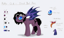 Size: 1073x630 | Tagged: safe, artist:ravenpuff, oc, oc only, oc:puffy, bat pony, pony, bags under eyes, bat pony oc, eye, fangs, female, goggles, mare, reference sheet, slit eyes, solo, text, tired, tongue out