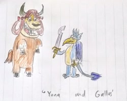 Size: 2825x2240 | Tagged: safe, artist:horsesplease, gallus, yona, griffon, yak, bow, cloven hooves, colored pencil drawing, cow and chicken, female, gallus the rooster, hair bow, khopesh, lined paper, male, monkey swings, style emulation, sword, traditional art, weapon