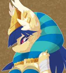 Size: 2500x2750 | Tagged: safe, alternate version, artist:nya, oc, oc:shesta, anthro, sphinx, angry, anthro oc, big ears, breasts, bust, cleavage, ear fluff, egyptian, eyelashes, female, fur, glare, gold, headress, nemes headdress, profile, solo, spots