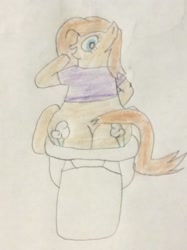 Size: 772x1034 | Tagged: safe, artist:snipiper, oc, oc only, oc:backy, earth pony, pony, but why, female, mare, poop, pooping, singing, solo, toilet, traditional art