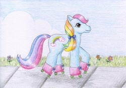 Size: 900x630 | Tagged: safe, artist:normaleeinsane, rainbow dash (g3), bow, hair bow, roller skates, solo, traditional art