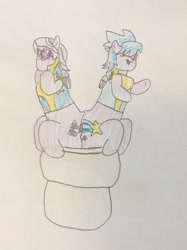 Size: 772x1034 | Tagged: safe, artist:snipiper, cloudchaser, flitter, pegasus, pony, but why, female, mare, poop, pooping, toilet, traditional art