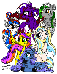 Size: 1080x1406 | Tagged: safe, artist:fireworks sea, derpibooru exclusive, oc, oc only, oc:blood kingknight, oc:dusk phoenix, oc:infinity sunshine, oc:metal tramp, oc:nightmare storm, oc:star orchid, alicorn, bat pony, dracony, dragon, hybrid, kirin, pony, alicorn oc