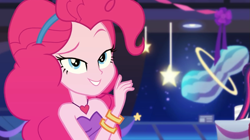 Size: 993x557 | Tagged: safe, screencap, pinkie pie, better together, equestria girls, twilight under the stars, bare shoulders, lidded eyes, photo, sleeveless, solo, strapless