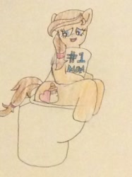 Size: 772x1034 | Tagged: safe, artist:snipiper, oc, oc only, oc:cream heart, earth pony, pony, but why, female, mare, mother, poop, pooping, relief, solo, toilet, traditional art