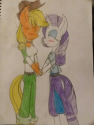 Size: 900x1200 | Tagged: safe, artist:sonicpals101, derpibooru import, applejack, rarity, anthro, cute, female, jackabetes, lesbian, raribetes, rarijack, shipping, traditional art