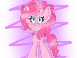 Size: 1024x768 | Tagged: safe, artist:badimo, derpibooru import, pinkie pie, earth pony, pony, abstract background, blushing, female, looking at you, mare, signature, smiling, solo, standing