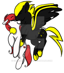 Size: 400x451 | Tagged: safe, artist:charmingpegasi, oc, oc:love charm, oc:thunder struck, pegasus, pony, early pregnancy, female, flying, hug, male, pregnant