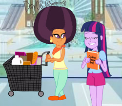 Size: 3000x2620 | Tagged: safe, artist:bigpurplemuppet99, saffron masala, twilight sparkle, equestria girls, 30 day otp challenge, afro, alternate clothes, cookbook, equestria girls-ified, female, lesbian, mall, shipping, shopping, twiffron